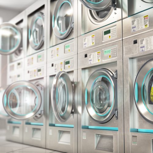 Laundry. Industrial washing machines in the laundry. 3d illustration